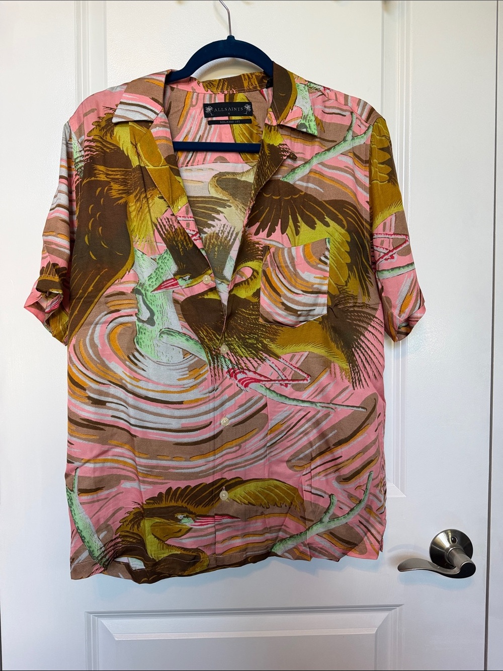 All Saints Pink and Brown Graphic Short Sleeve Button-Down Shirt